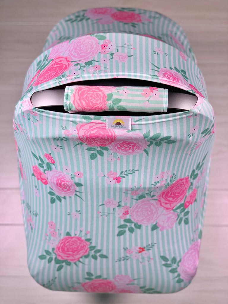 Mint Green Striped Rose Car Seat Cover - Sassy Little Sunflower