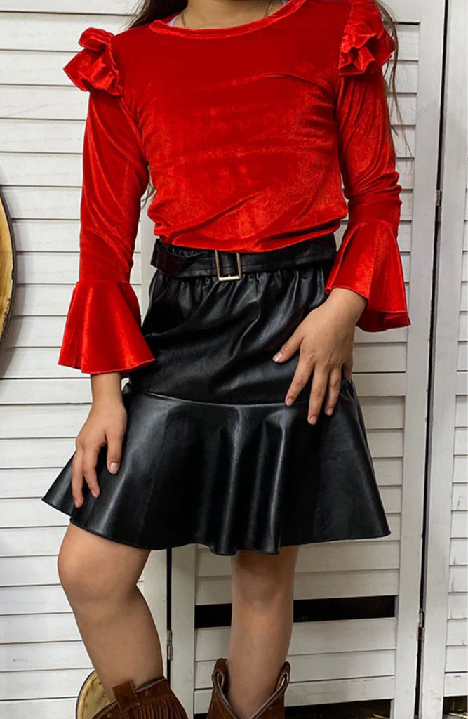 Black Pleather Skirt w/Red Velvet Bell Sleeve Shirt