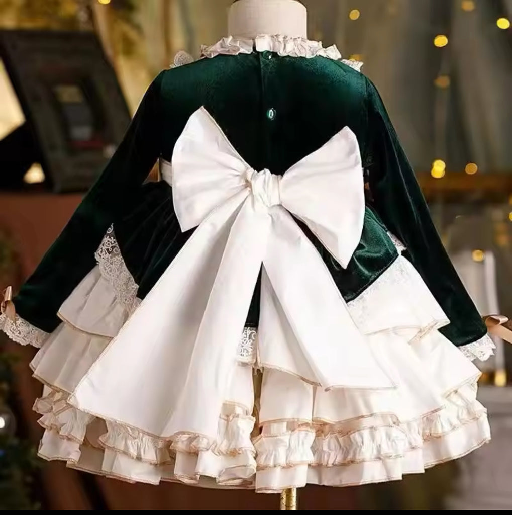 Victorian Green Velvet & Ruffles Dress