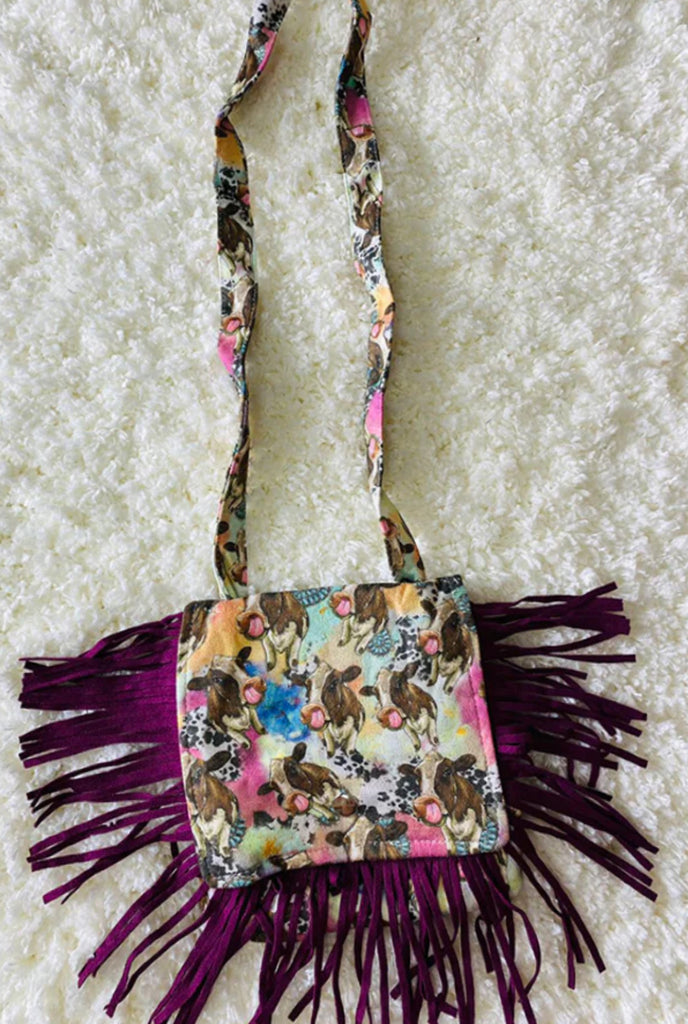 Burgundy Fringe Cow Print Cross Body Purse