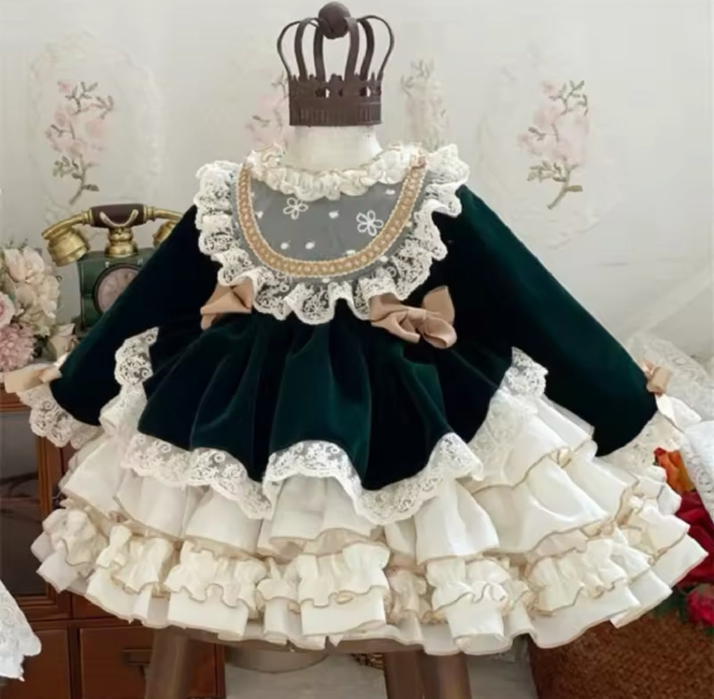 Victorian Green Velvet & Ruffles Dress