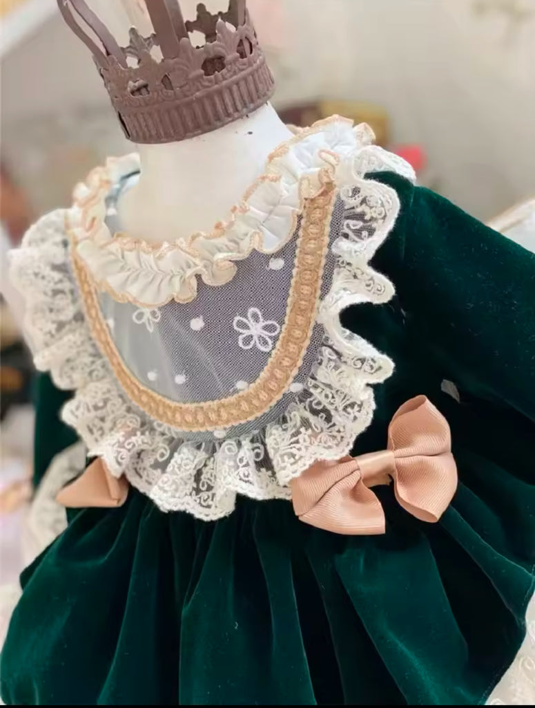 Victorian Green Velvet & Ruffles Dress