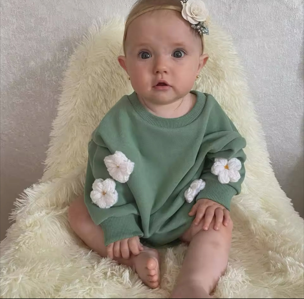 Sage Green Romper with Puff Daisies