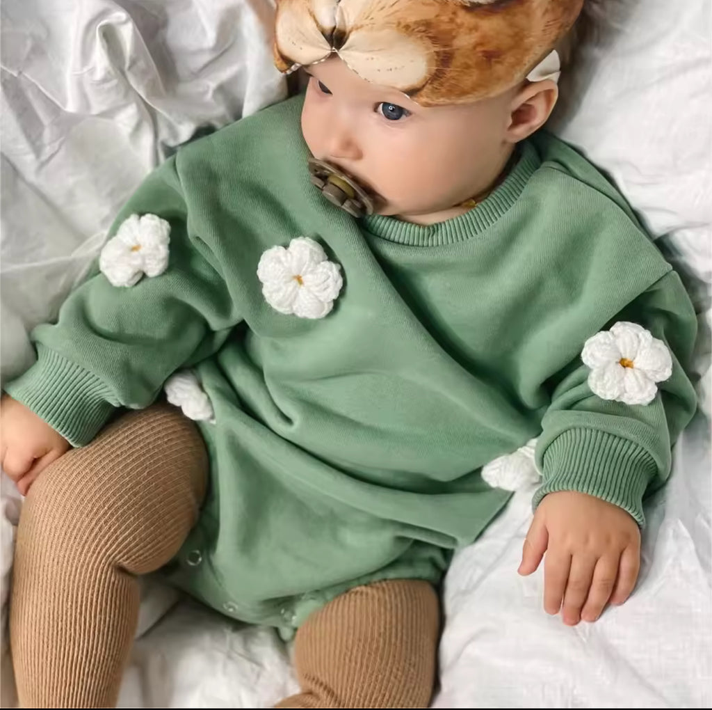 Sage Green Romper with Puff Daisies