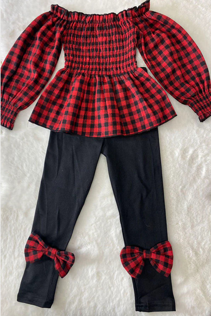 Buffalo Plaid Ruffle Top with Leggings Set