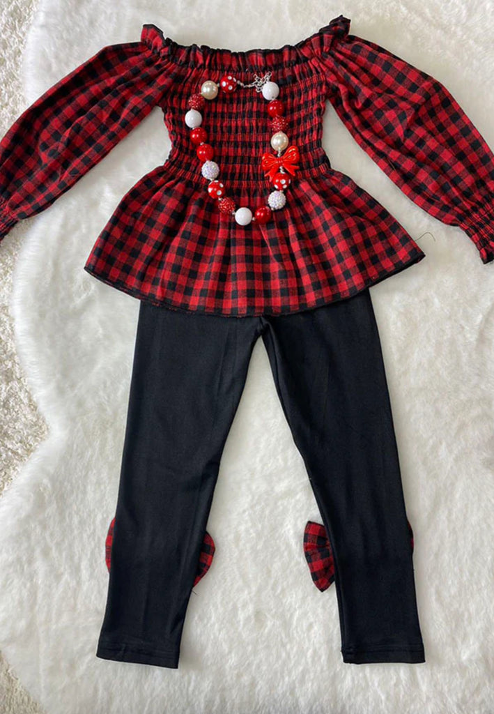 Buffalo Plaid Ruffle Top with Leggings Set