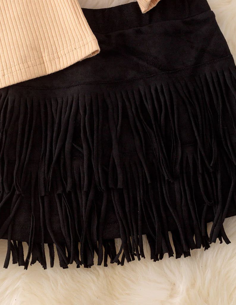 Loved Sheer Sleeve Top w/ Black Suede Fringe Skirt