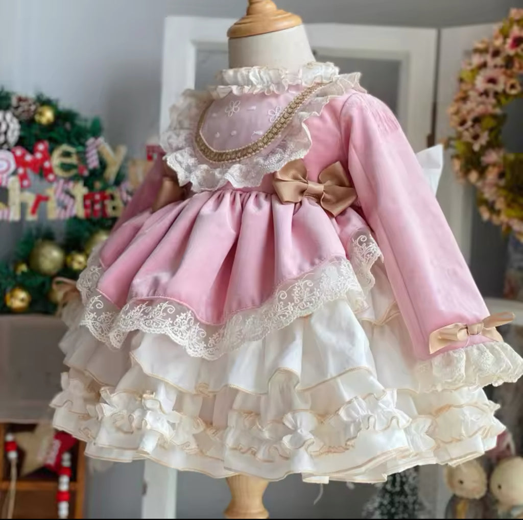 Victorian Pink Velvet & Ruffles Dress