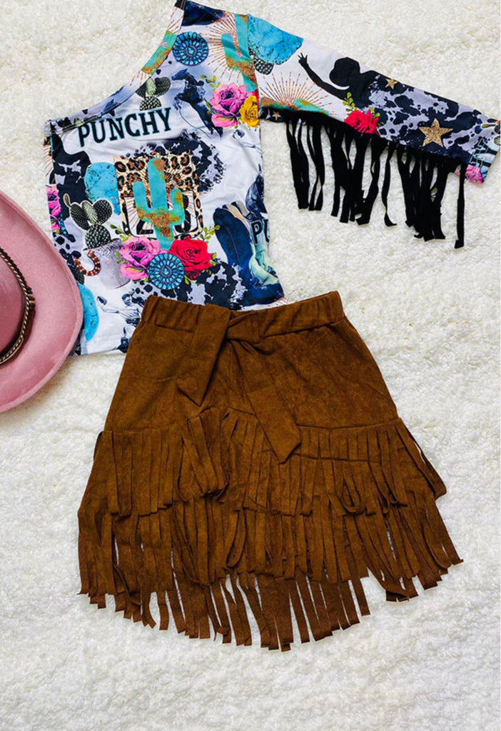 Brown Suede Fringe Skirt