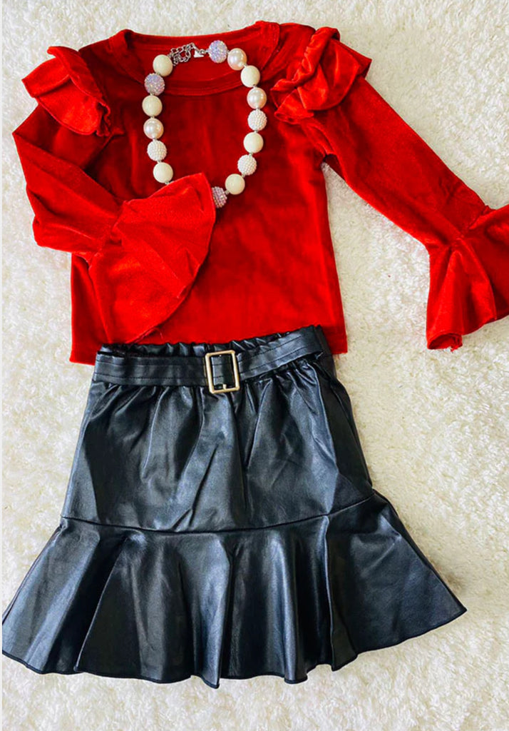 Black Pleather Skirt w/Red Velvet Bell Sleeve Shirt