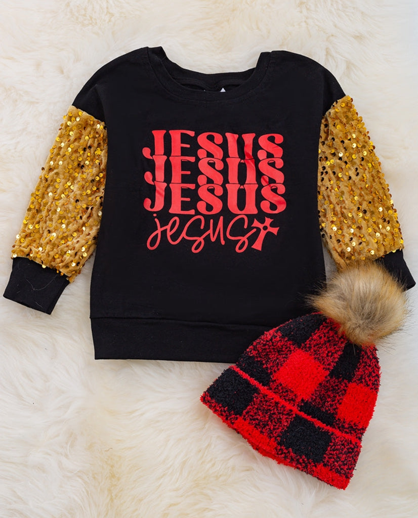 Jesus Sweatshirt with Gold Sequin Sleeves