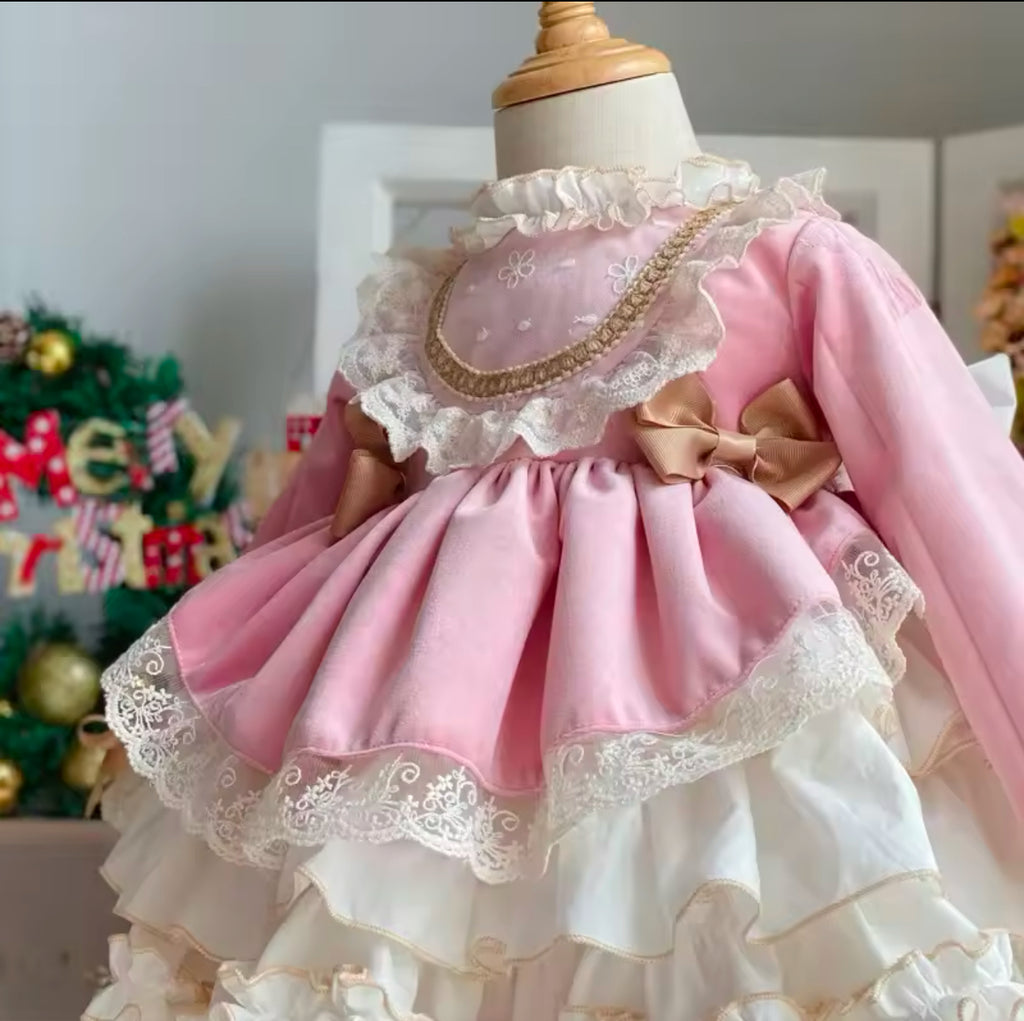 Victorian Pink Velvet & Ruffles Dress