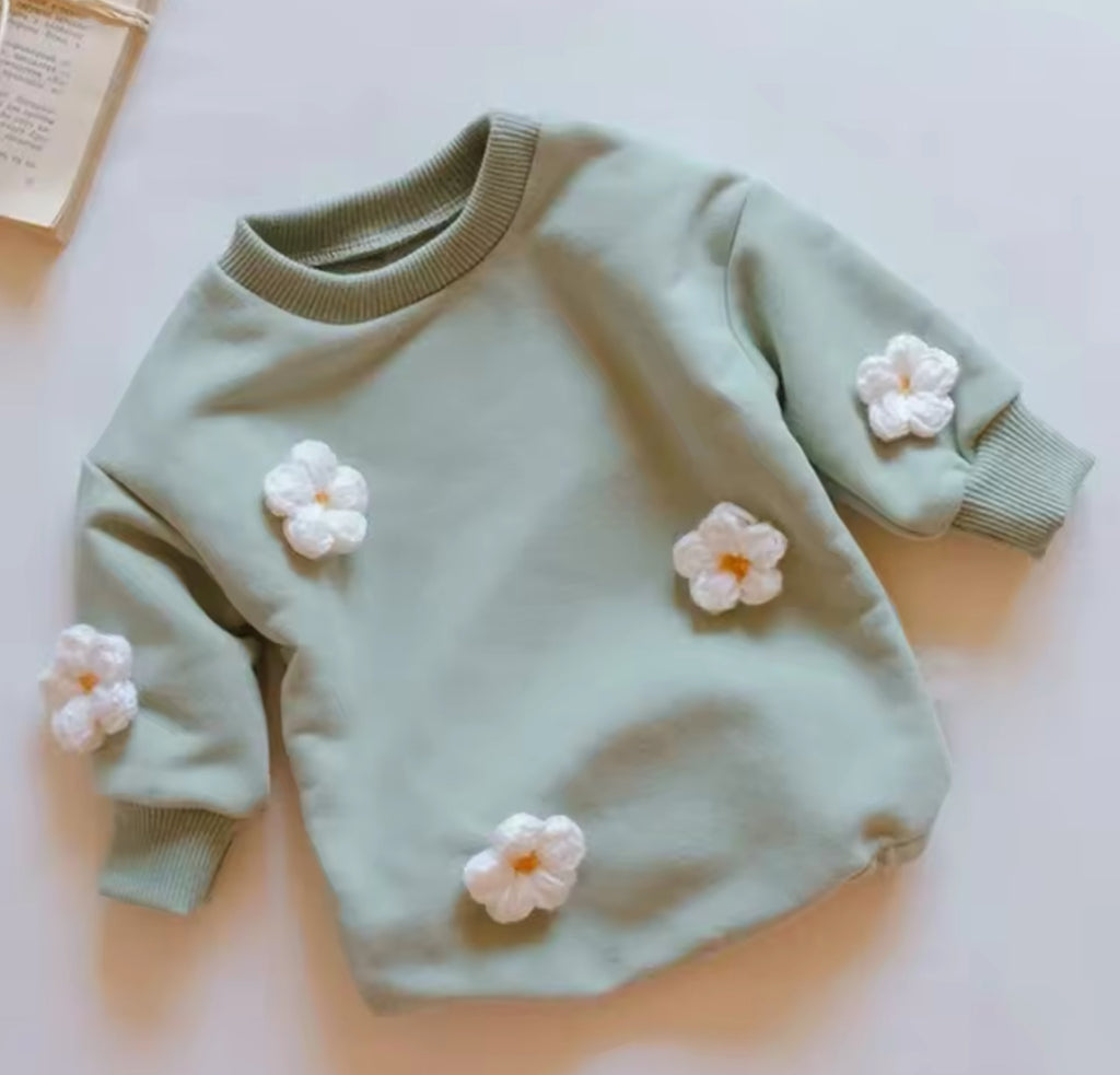 Sage Green Romper with Puff Daisies