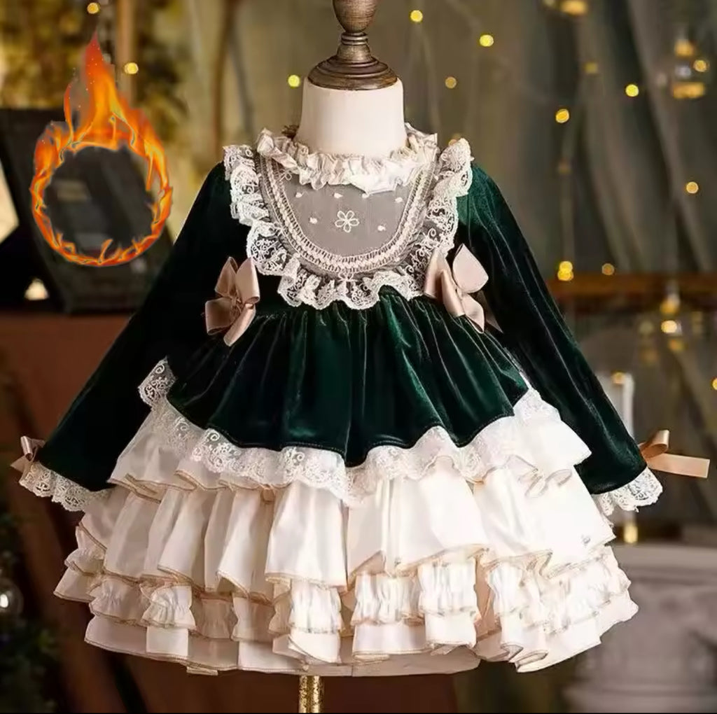 Victorian Green Velvet & Ruffles Dress