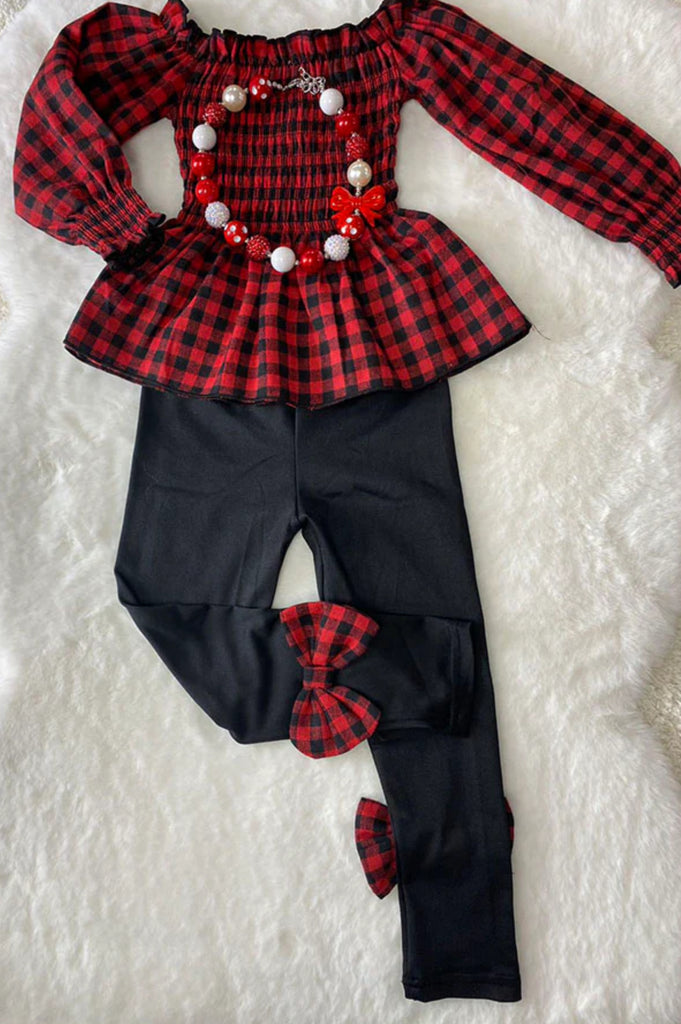 Buffalo Plaid Ruffle Top with Leggings Set