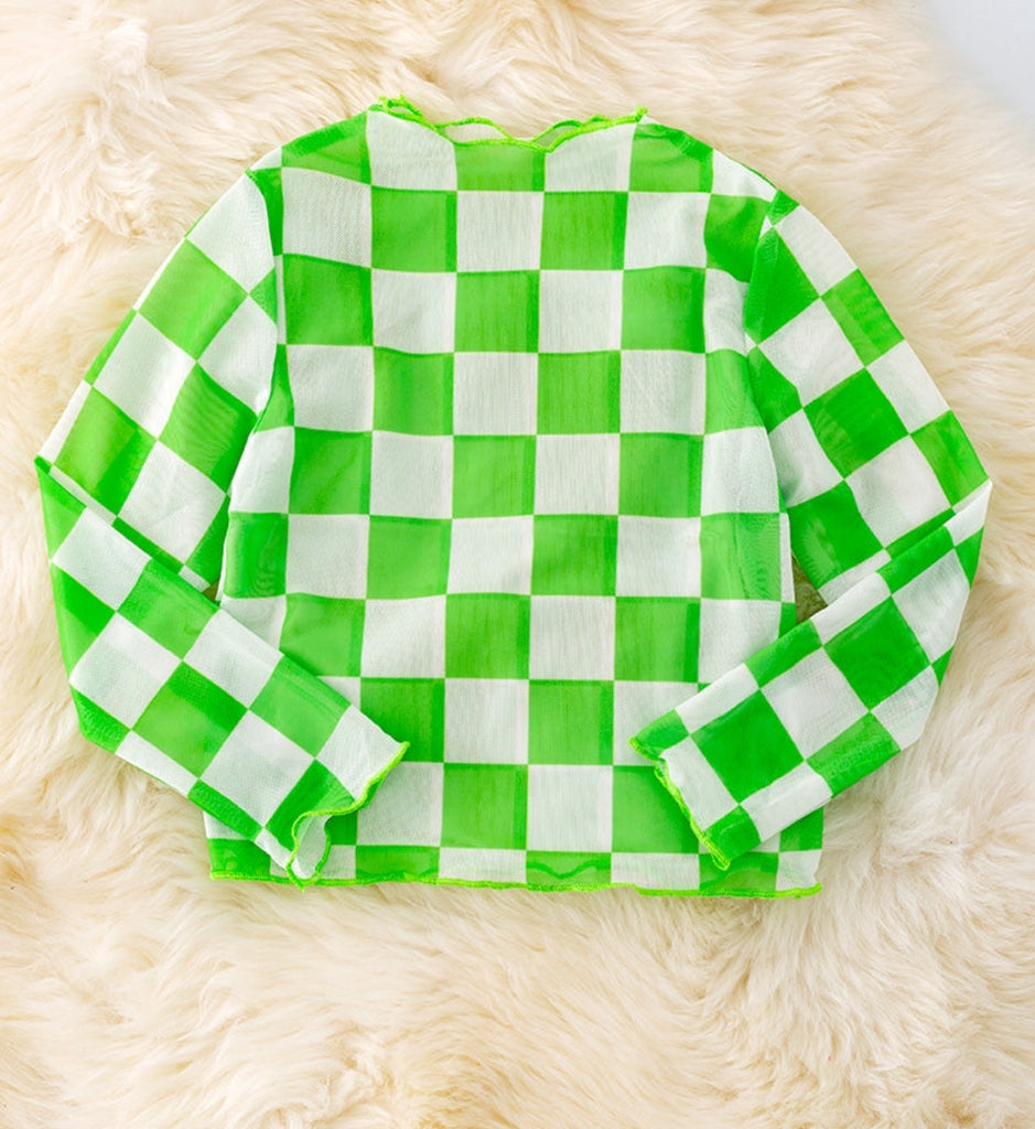 Fluorescent Green Checked Mesh Top