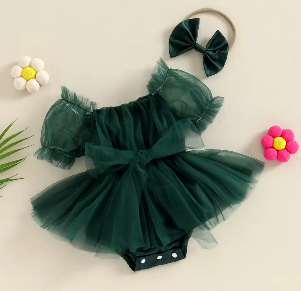 Green Tulle Tutu Romper w/matching headband