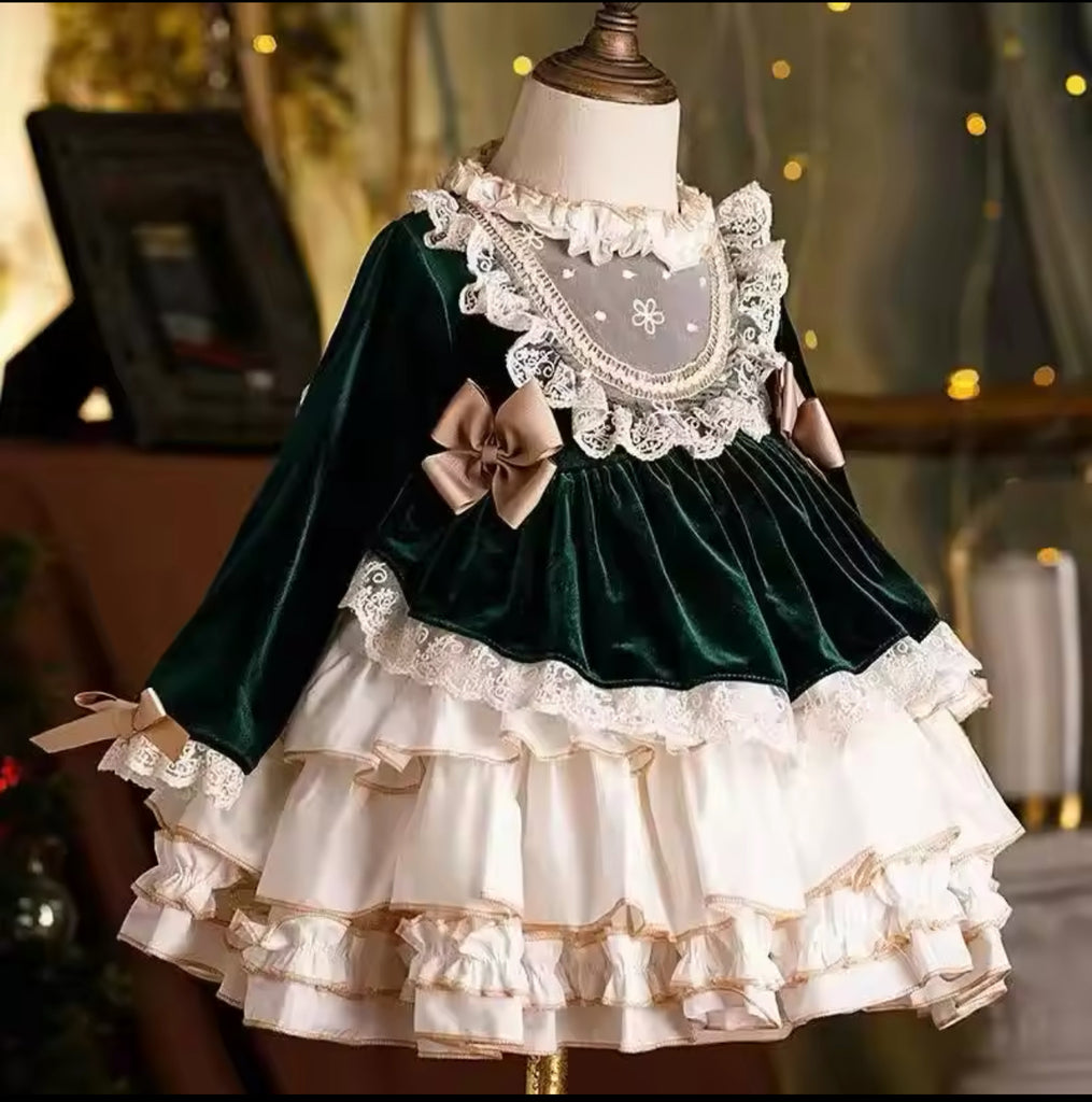 Victorian Green Velvet & Ruffles Dress