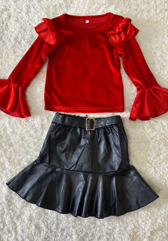 Black Pleather Skirt w/Red Velvet Bell Sleeve Shirt