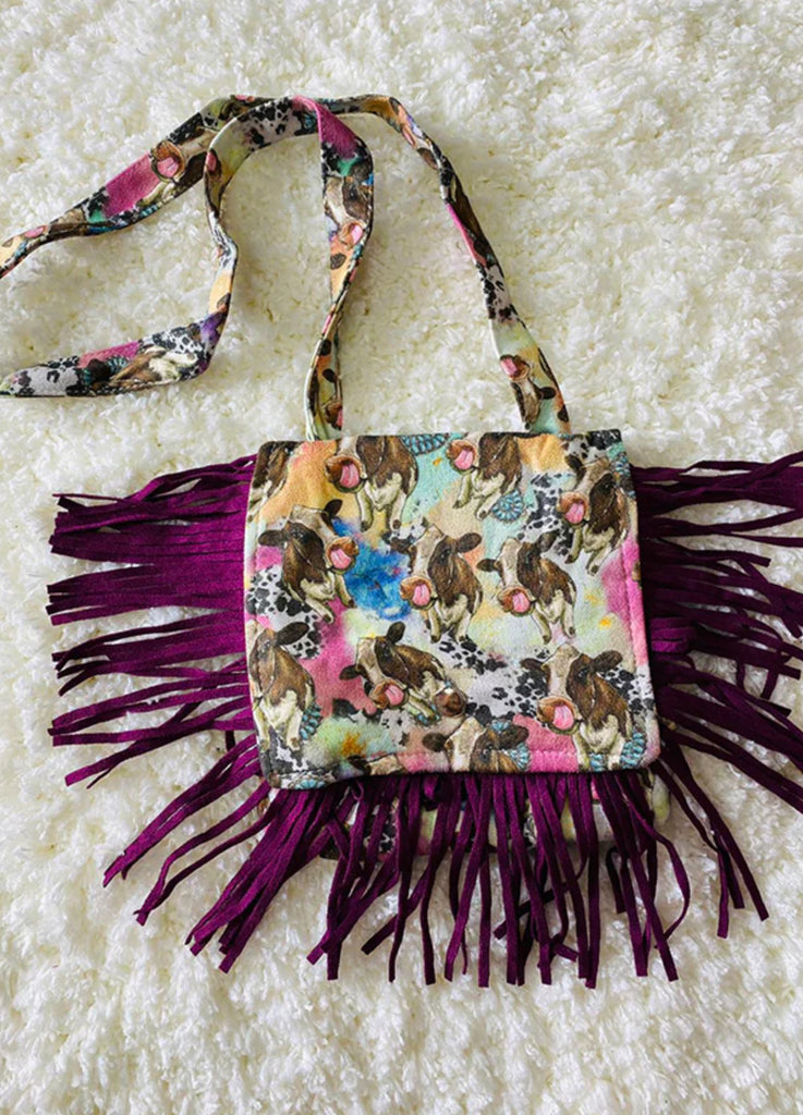 Burgundy Fringe Cow Print Cross Body Purse