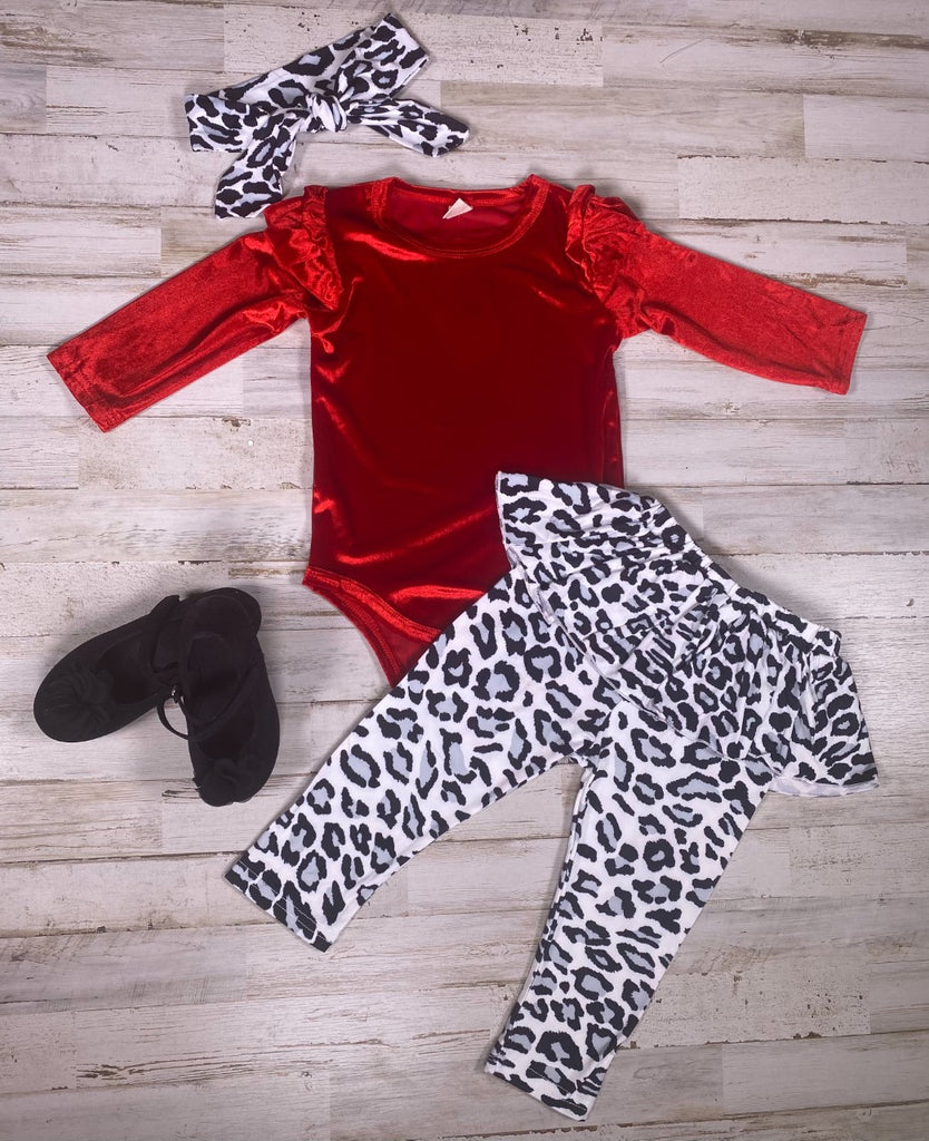 Red Velour Bodysuit with Black and white Leopard pants and headband - Sassy Little Sunflower
